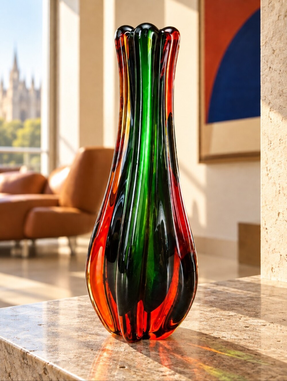 Vintage Green Amber Sommerso Art Glass Vase Ribbed Fluted MCM 12" Heavy